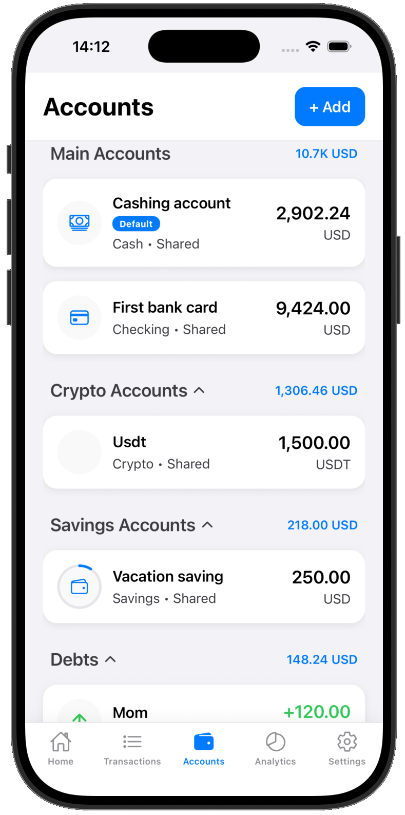Wallet Plan accounts screen
