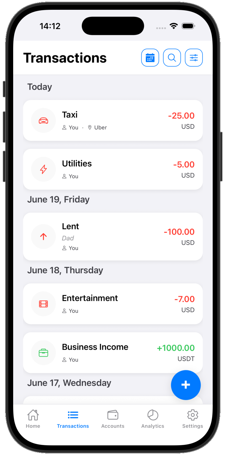 Wallet Plan transactions screen